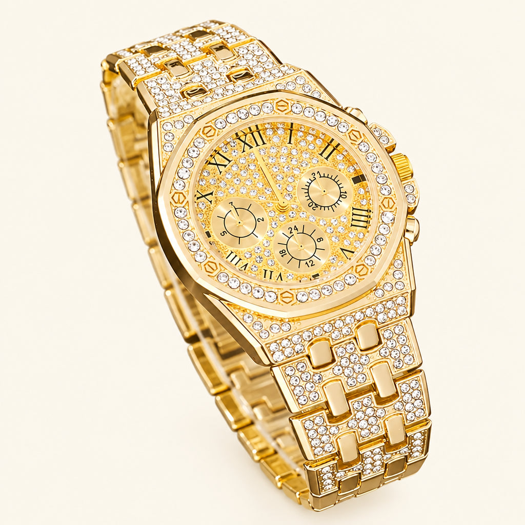 4-Piece Set of Fashionable Men's Watches with Zircon and Rhinestone Cross Decoration Jewelry Set, Hip-Hop Cuban Style, Gift for Father/Boyfriend
