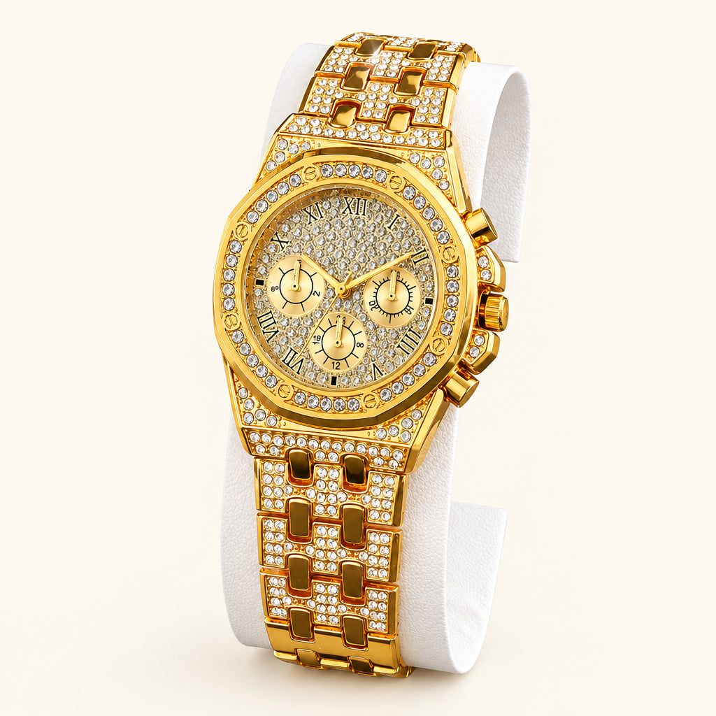 4-Piece Set of Fashionable Men's Watches with Zircon and Rhinestone Cross Decoration Jewelry Set, Hip-Hop Cuban Style, Gift for Father/Boyfriend