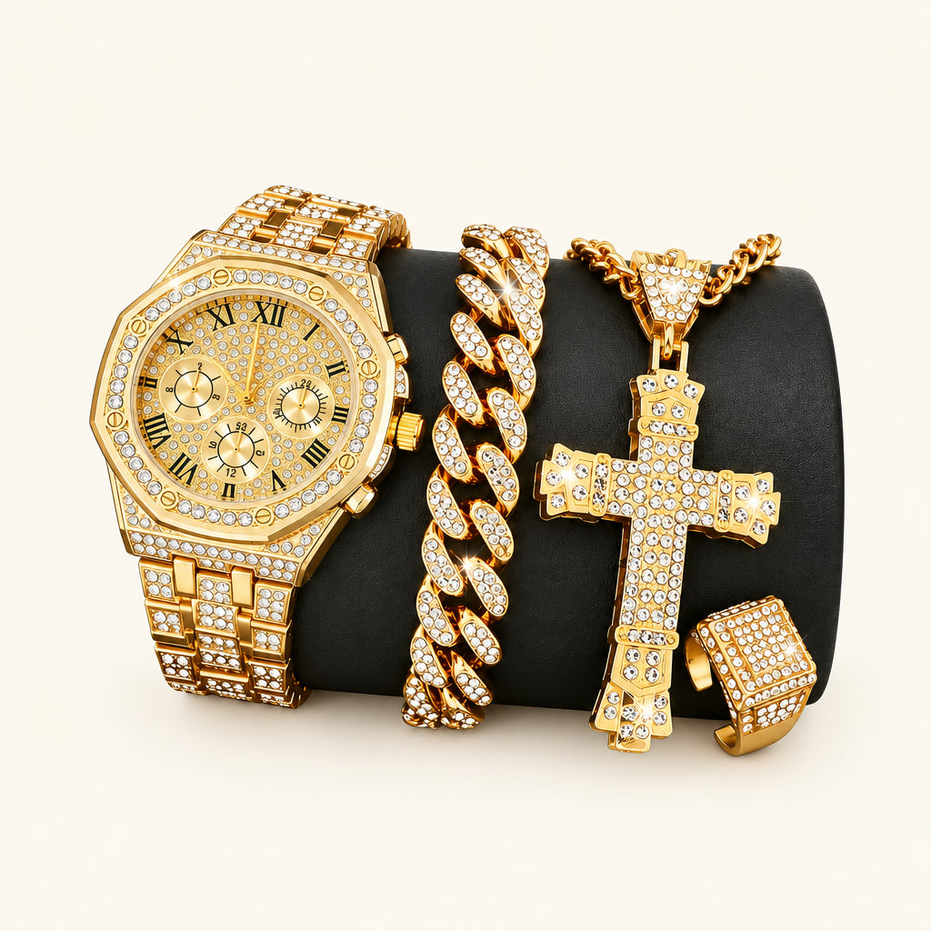 4-Piece Set of Fashionable Men's Watches with Zircon and Rhinestone Cross Decoration Jewelry Set, Hip-Hop Cuban Style, Gift for Father/Boyfriend