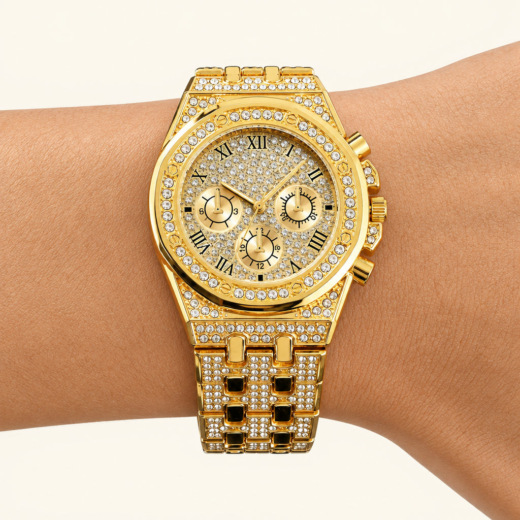 4-Piece Set of Fashionable Men's Watches with Zircon and Rhinestone Cross Decoration Jewelry Set, Hip-Hop Cuban Style, Gift for Father/Boyfriend