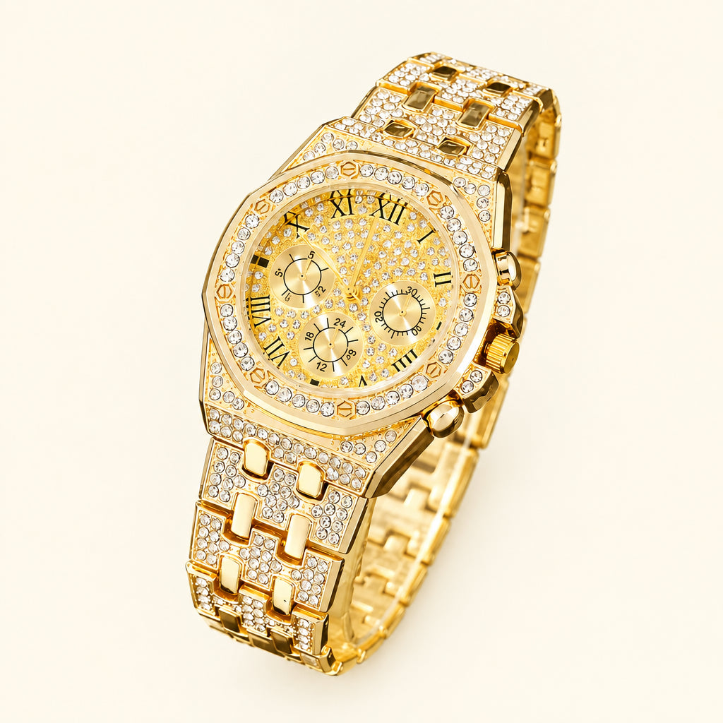 4-Piece Set of Fashionable Men's Watches with Zircon and Rhinestone Cross Decoration Jewelry Set, Hip-Hop Cuban Style, Gift for Father/Boyfriend