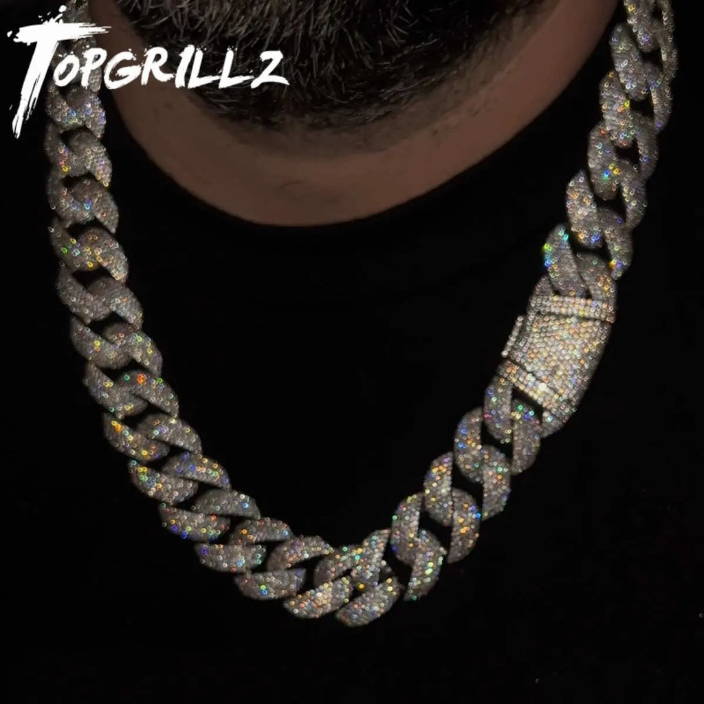 TOPGRILLZ 24mm Cuban Chain Necklace Full CZ Iced Out Wide Heavy Duty Box Clasp Silver Plated Copper Hip Hop Jewelry Men Women