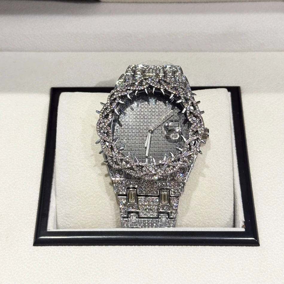 Thorn Spike Watch Men Iced Out Rhinestone Quartz Wristwatch Reloj Hombre Punk Gothic Stainless Steel Waterproof for Party