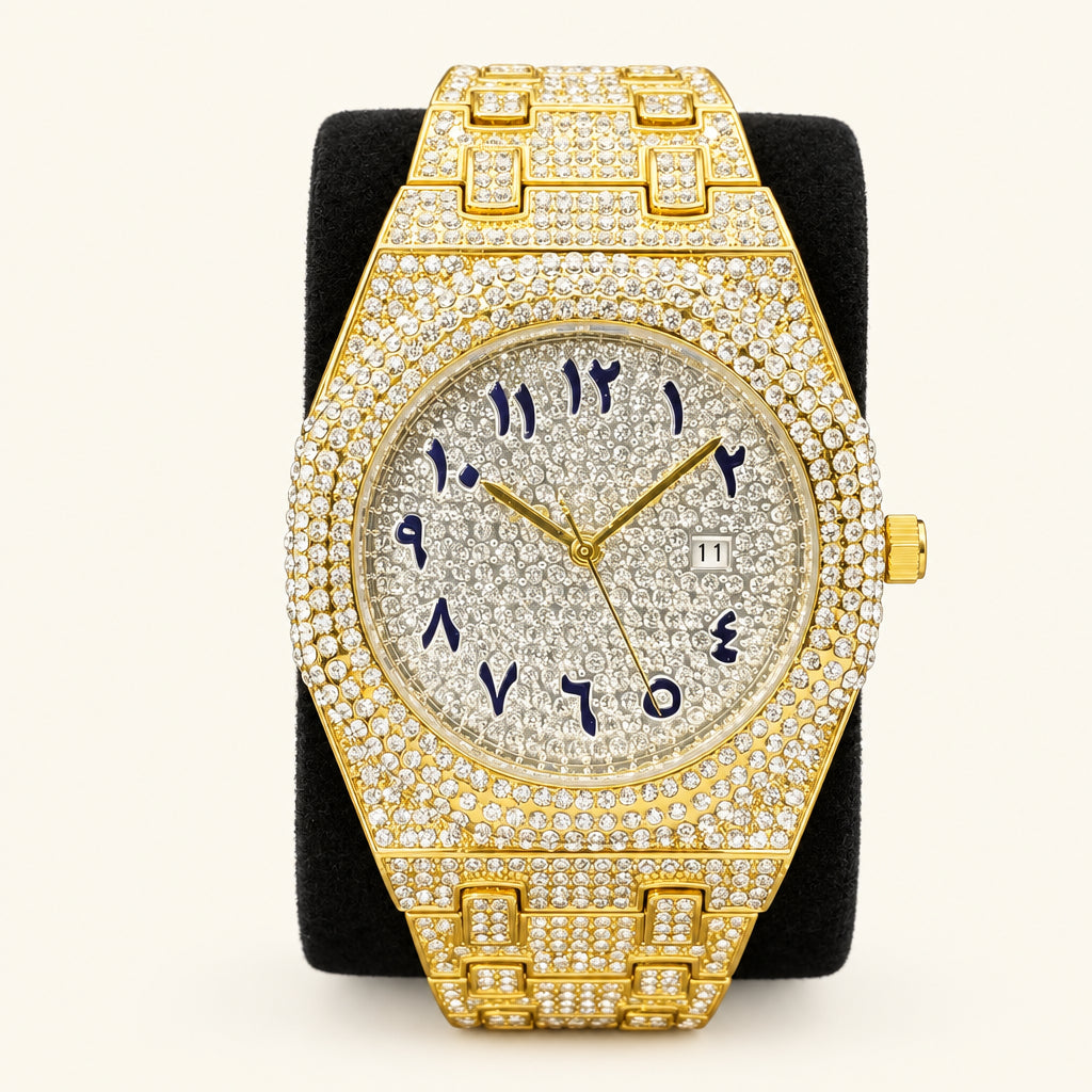 Gold watch with diamond accents on a black stand against a dark background