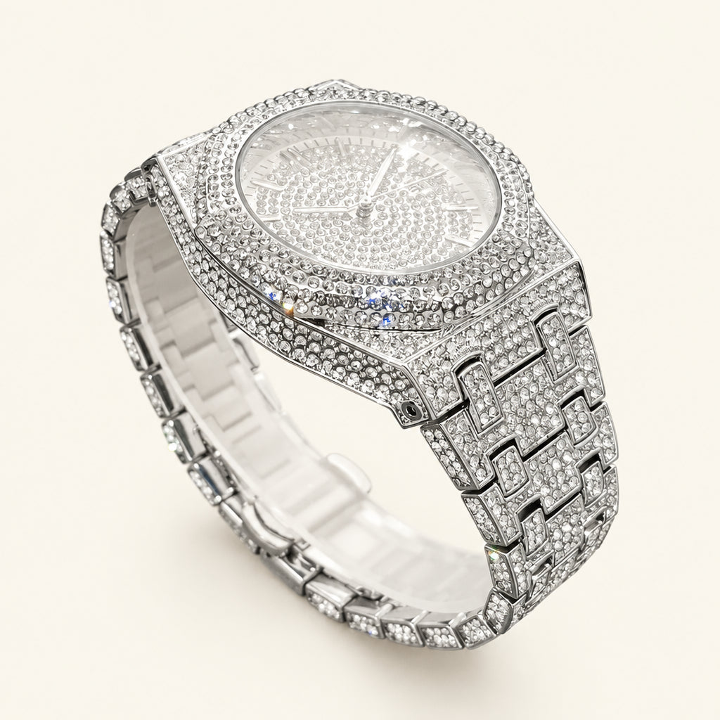 Hip Hop Bling Diamond Watch For Men Luxury Silver Iced Out Quartz Wristwatch Fashion Stainless Steel Waterproof Watches Hot Sale