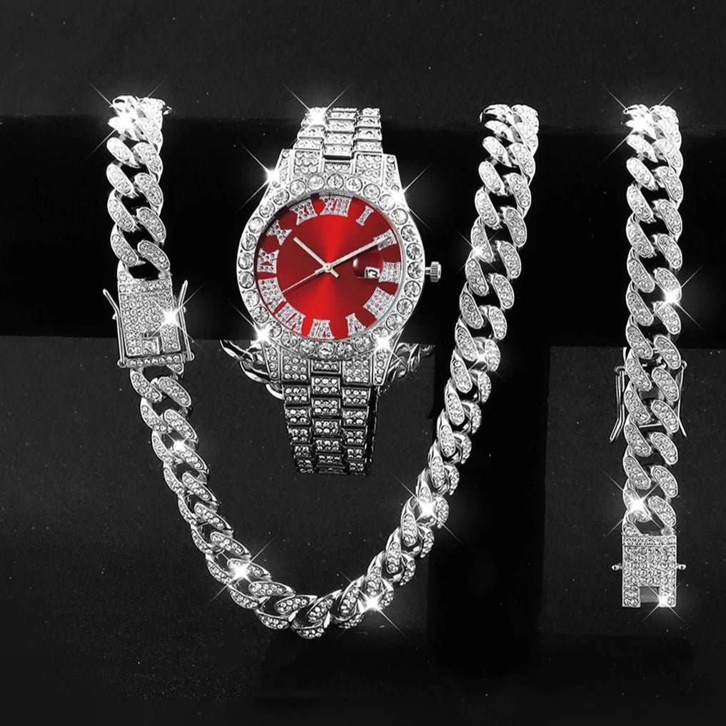 3PCS Luxury Diamond Men Quartz Watch Hip-pop Jewelry Set Fashion Roma Stainless Steel Strap Watches Reloj Hombre（Without Box）
