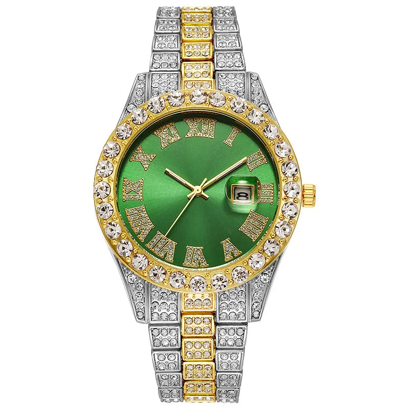 Luxury Hip Hop Stainless Steel Gold Color Calendar Watch For Men Iced Out Paved Rhinestones Men Watch Reloj Hombre