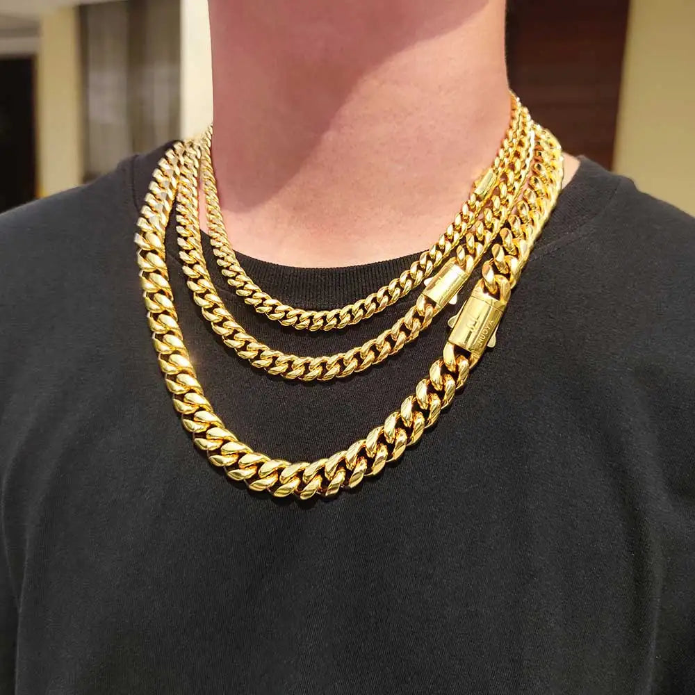 High Quality Width 8-14mm Stainless Steel Gold Color Cuban Chain Waterproof Men Woman Curb Link Necklace Various Sizes