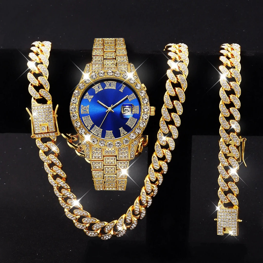 3PCS Luxury Diamond Men Quartz Watch Hip-pop Jewelry Set Fashion Roma Stainless Steel Strap Watches Reloj Hombre（Without Box）