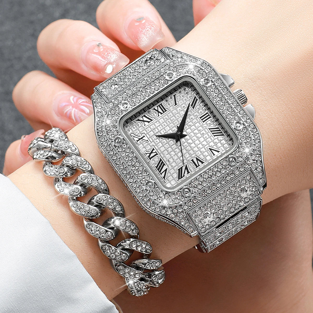 2PCS Iced Out Square Watch & Cuban Link Bracelet Set - Luxury Bling Diamond Quartz Wristwatch Hip Hop Jewelry for Men