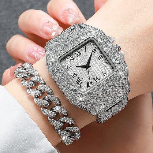2PCS Iced Out Square Watch & Cuban Link Bracelet Set - Luxury Bling Diamond Quartz Wristwatch Hip Hop Jewelry for Men