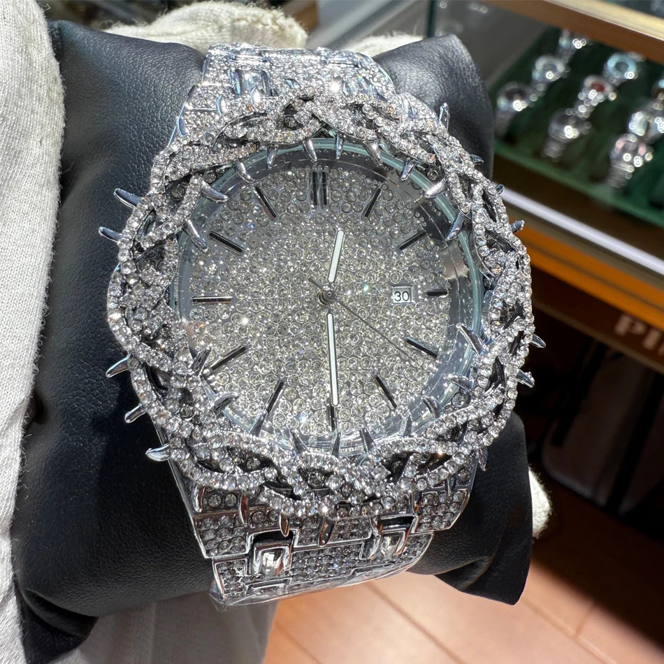 Thorn Spike Watch Men Iced Out Rhinestone Quartz Wristwatch Reloj Hombre Punk Gothic Stainless Steel Waterproof for Party