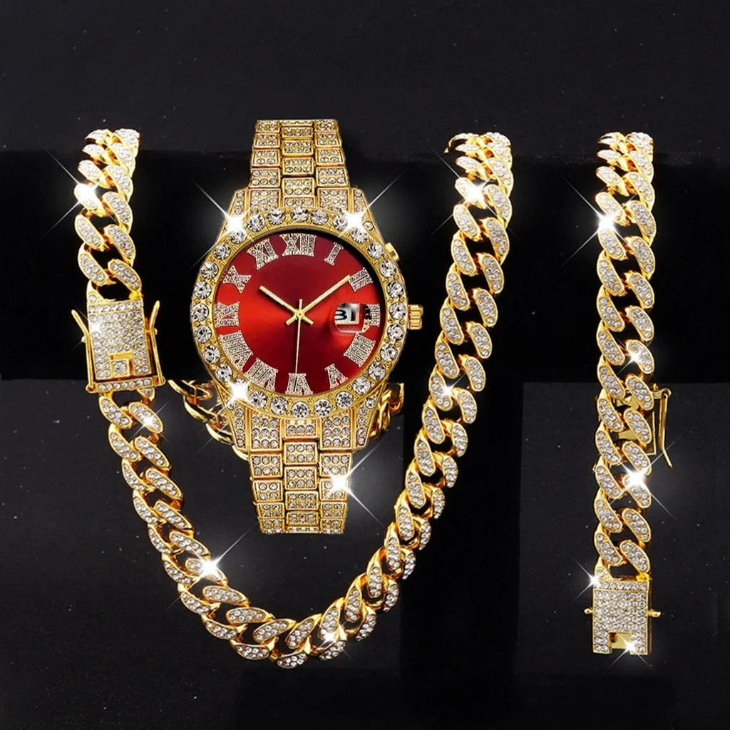 3PCS Luxury Diamond Men Quartz Watch Hip-pop Jewelry Set Fashion Roma Stainless Steel Strap Watches Reloj Hombre（Without Box）