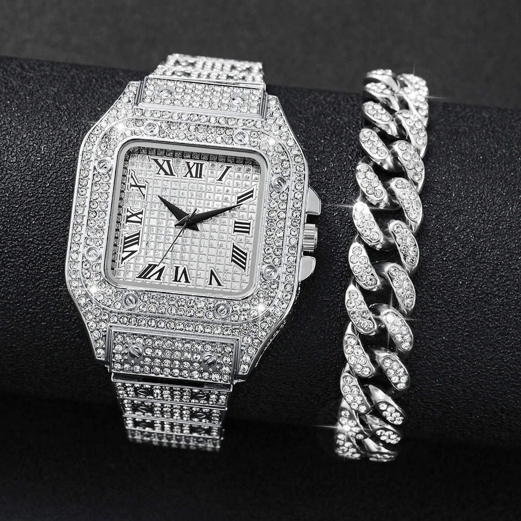 2PCS Iced Out Square Watch & Cuban Link Bracelet Set - Luxury Bling Diamond Quartz Wristwatch Hip Hop Jewelry for Men