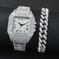2PCS Iced Out Square Watch & Cuban Link Bracelet Set - Luxury Bling Diamond Quartz Wristwatch Hip Hop Jewelry for Men