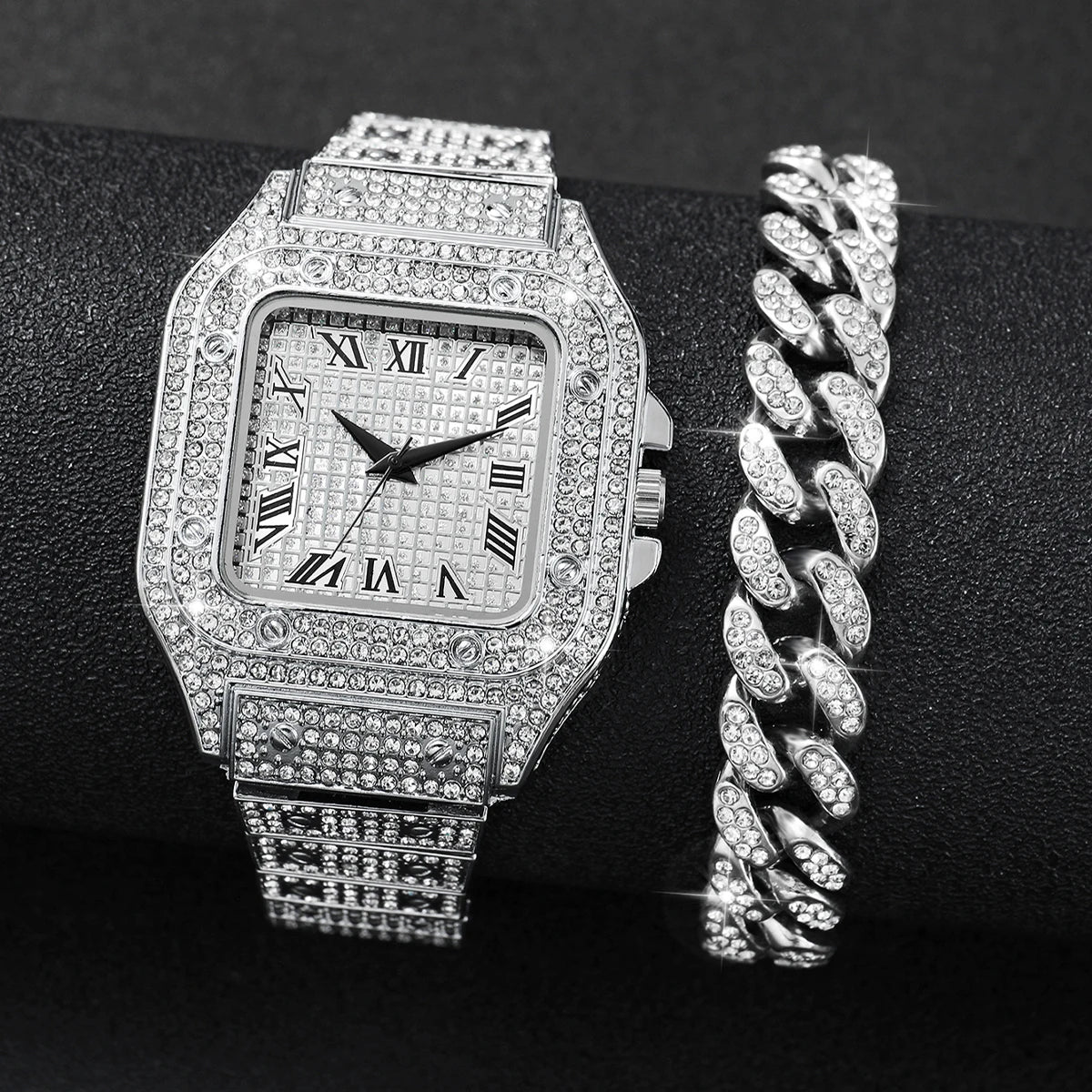 2PCS Iced Out Square Watch & Cuban Link Bracelet Set - Luxury Bling Diamond Quartz Wristwatch Hip Hop Jewelry for Men