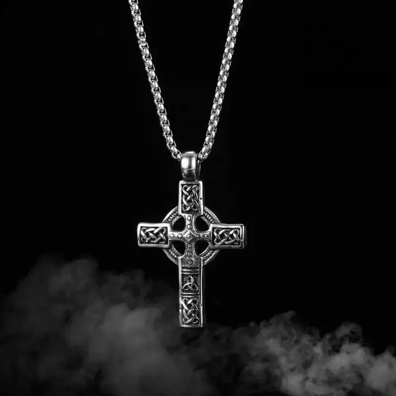 Vintage Nordic Celtic Knot Pattern Cross Necklace Pendant for Men Stainless Steel Chain Jewelry Amulet Necklace Wholesale