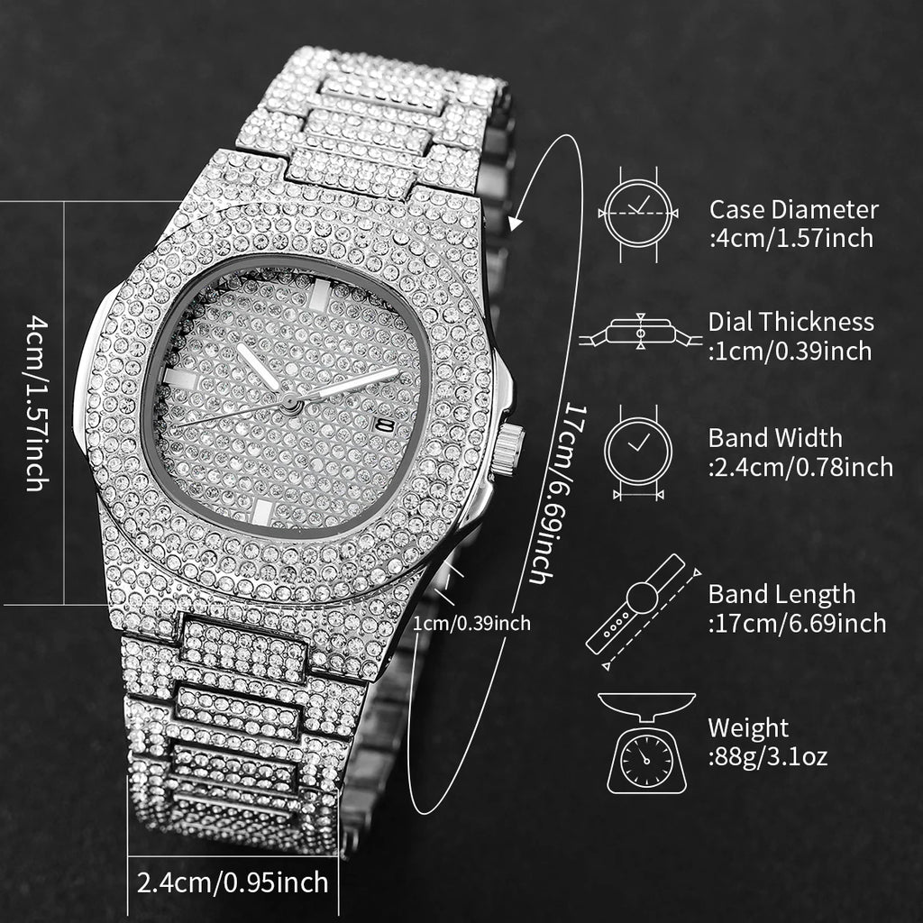 3PCS Luxury Rhinestone Men Watch Cuban Chain Jewelry Set Hip Pop Square Quartz Watches Accessories Gift Relogio Masculino