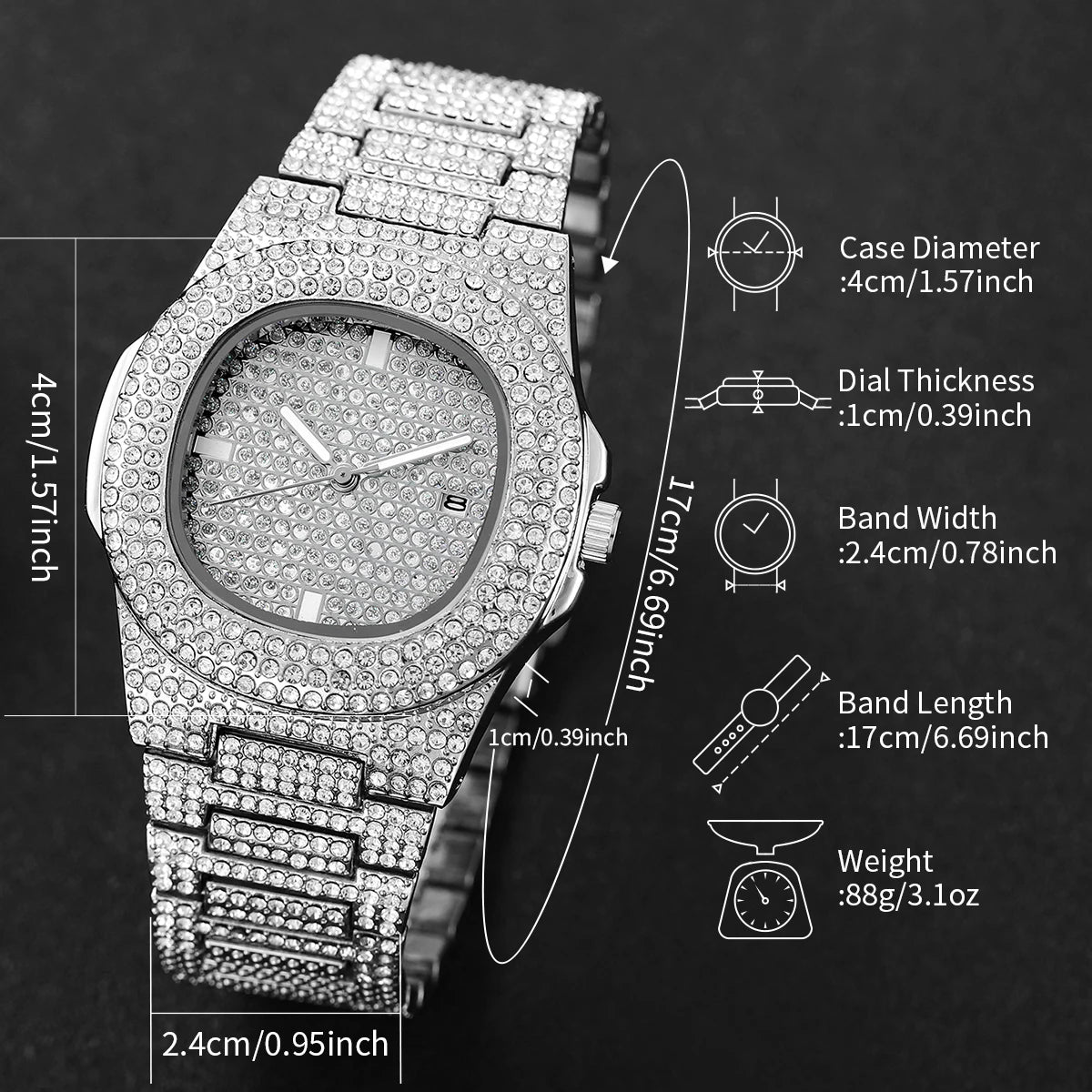 3PCS Luxury Rhinestone Men Watch Cuban Chain Jewelry Set Hip Pop Square Quartz Watches Accessories Gift Relogio Masculino