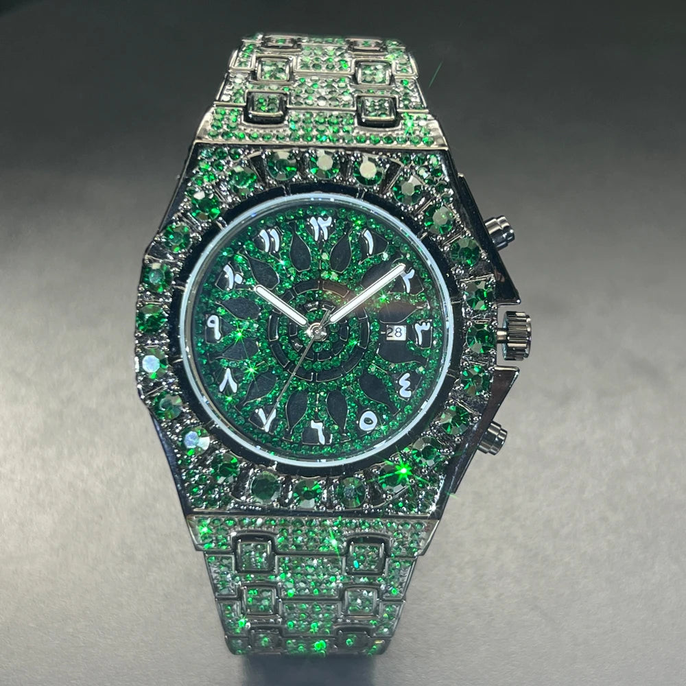 MISSFOX Hip Hop Wristwatch For Men Luxury Ice Out Full Diamond Watches Fashion Green Watch Waterproof Week Display Clock 2025
