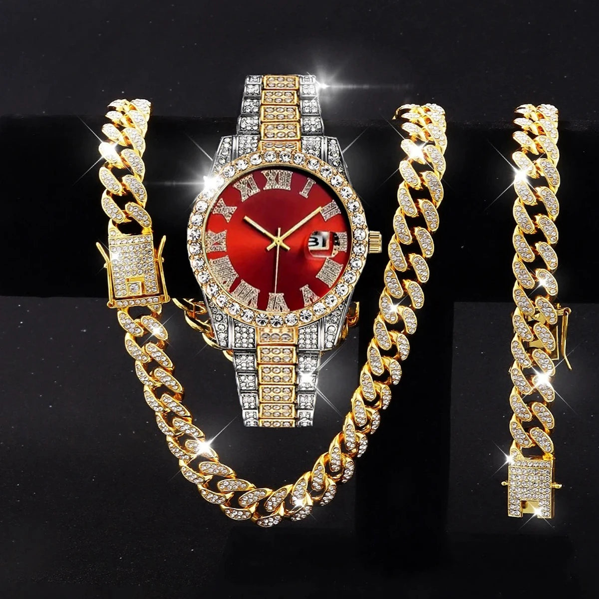 3PCS Luxury Diamond Men Quartz Watch Hip-pop Jewelry Set Fashion Roma Stainless Steel Strap Watches Reloj Hombre（Without Box）