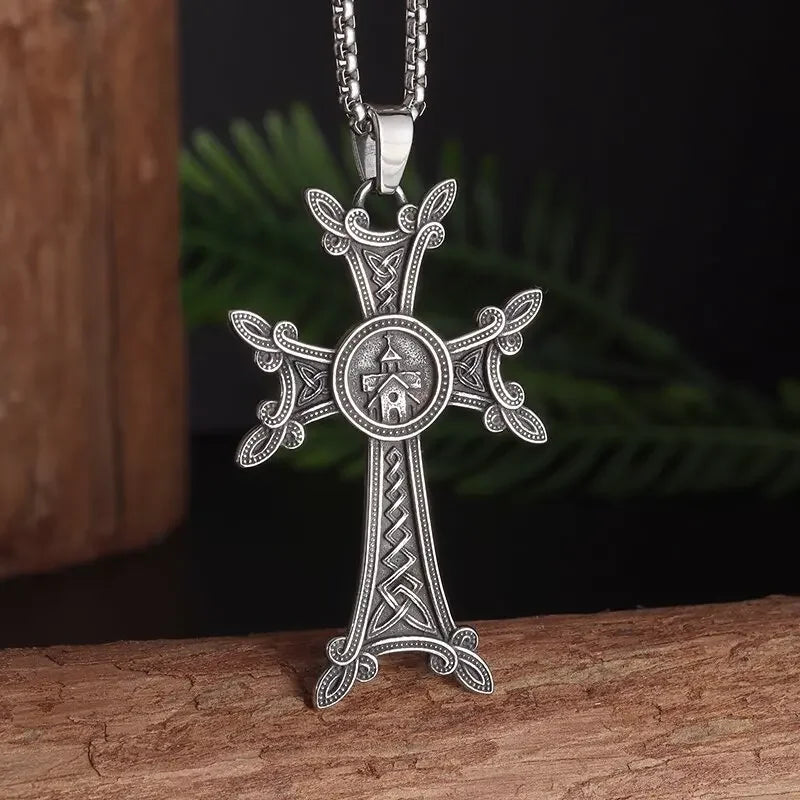 Vintage Nordic Celtic Knot Pattern Cross Necklace Pendant for Men Stainless Steel Chain Jewelry Amulet Necklace Wholesale