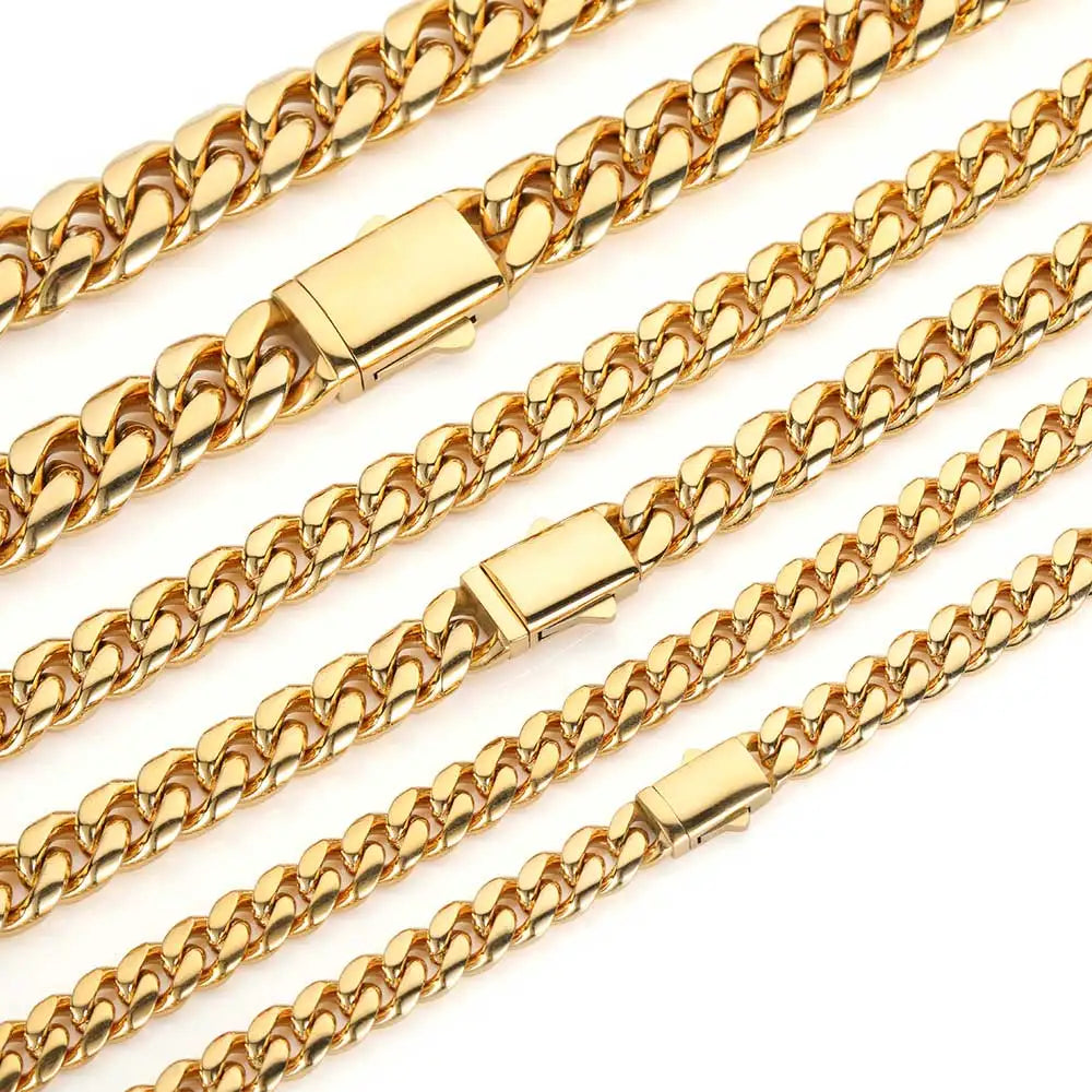 High Quality Width 8-14mm Stainless Steel Gold Color Cuban Chain Waterproof Men Woman Curb Link Necklace Various Sizes