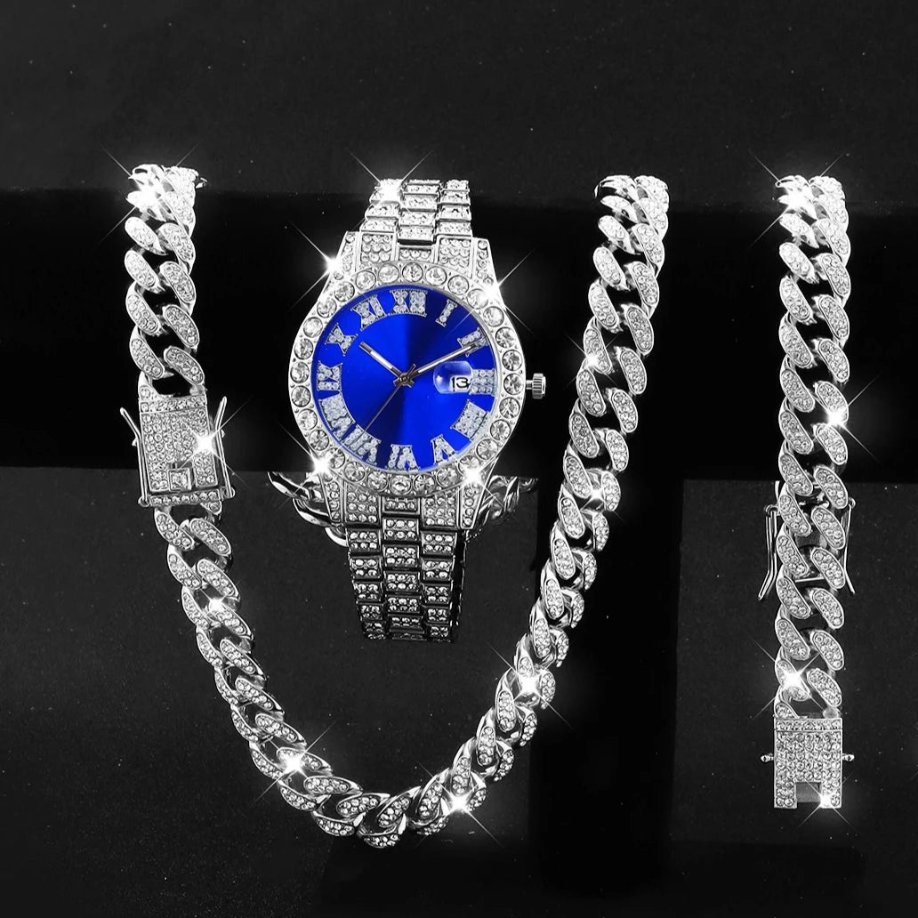 3PCS Luxury Diamond Men Quartz Watch Hip-pop Jewelry Set Fashion Roma Stainless Steel Strap Watches Reloj Hombre（Without Box）