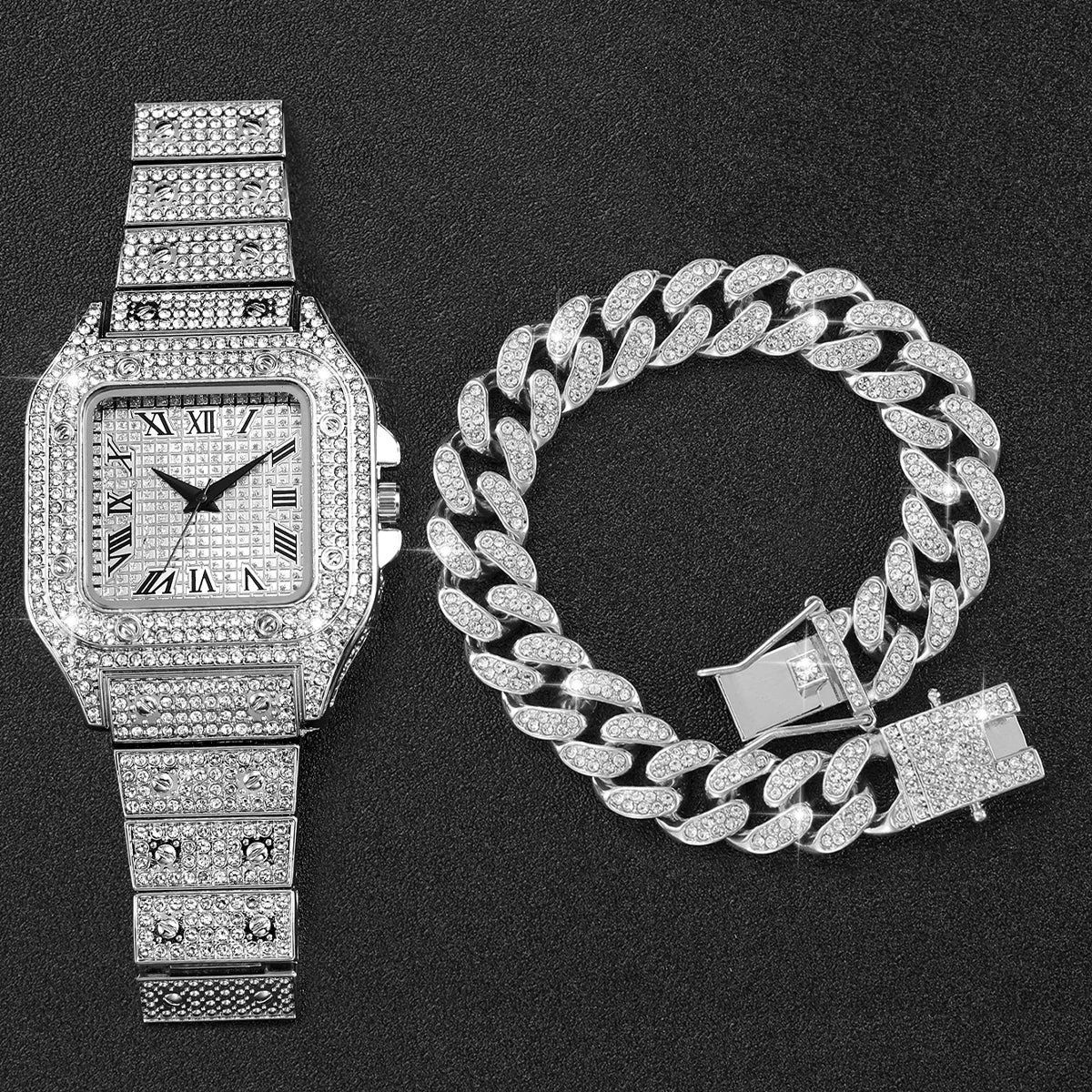 2PCS Iced Out Square Watch & Cuban Link Bracelet Set - Luxury Bling Diamond Quartz Wristwatch Hip Hop Jewelry for Men