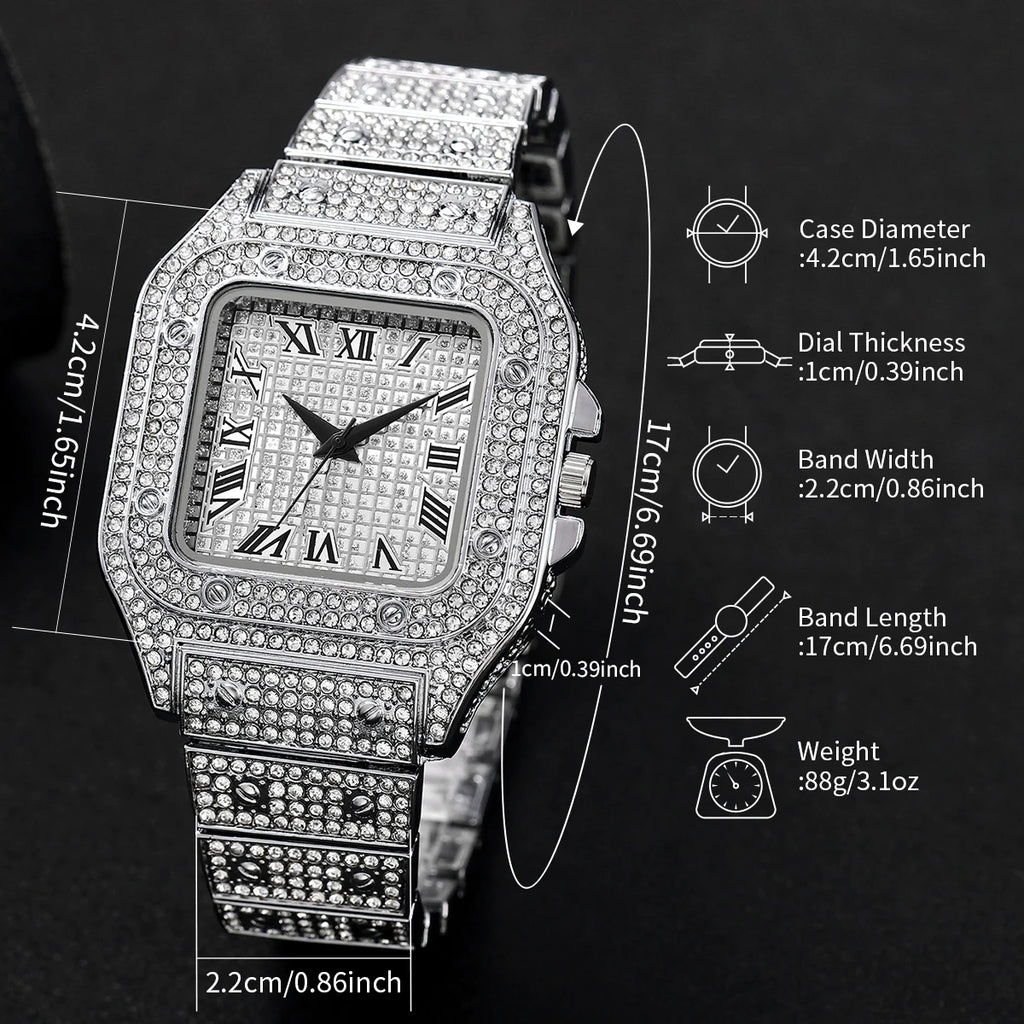 2PCS Iced Out Square Watch & Cuban Link Bracelet Set - Luxury Bling Diamond Quartz Wristwatch Hip Hop Jewelry for Men