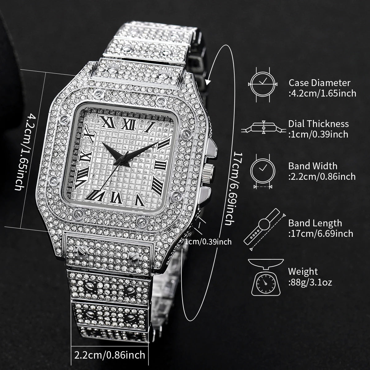2PCS Iced Out Square Watch & Cuban Link Bracelet Set - Luxury Bling Diamond Quartz Wristwatch Hip Hop Jewelry for Men