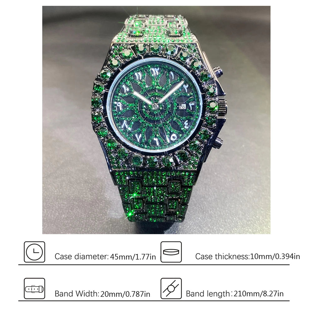 MISSFOX Hip Hop Wristwatch For Men Luxury Ice Out Full Diamond Watches Fashion Green Watch Waterproof Week Display Clock 2025