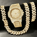 3PCS Luxury Rhinestone Men Watch Cuban Chain Jewelry Set Hip Pop Square Quartz Watches Accessories Gift Relogio Masculino