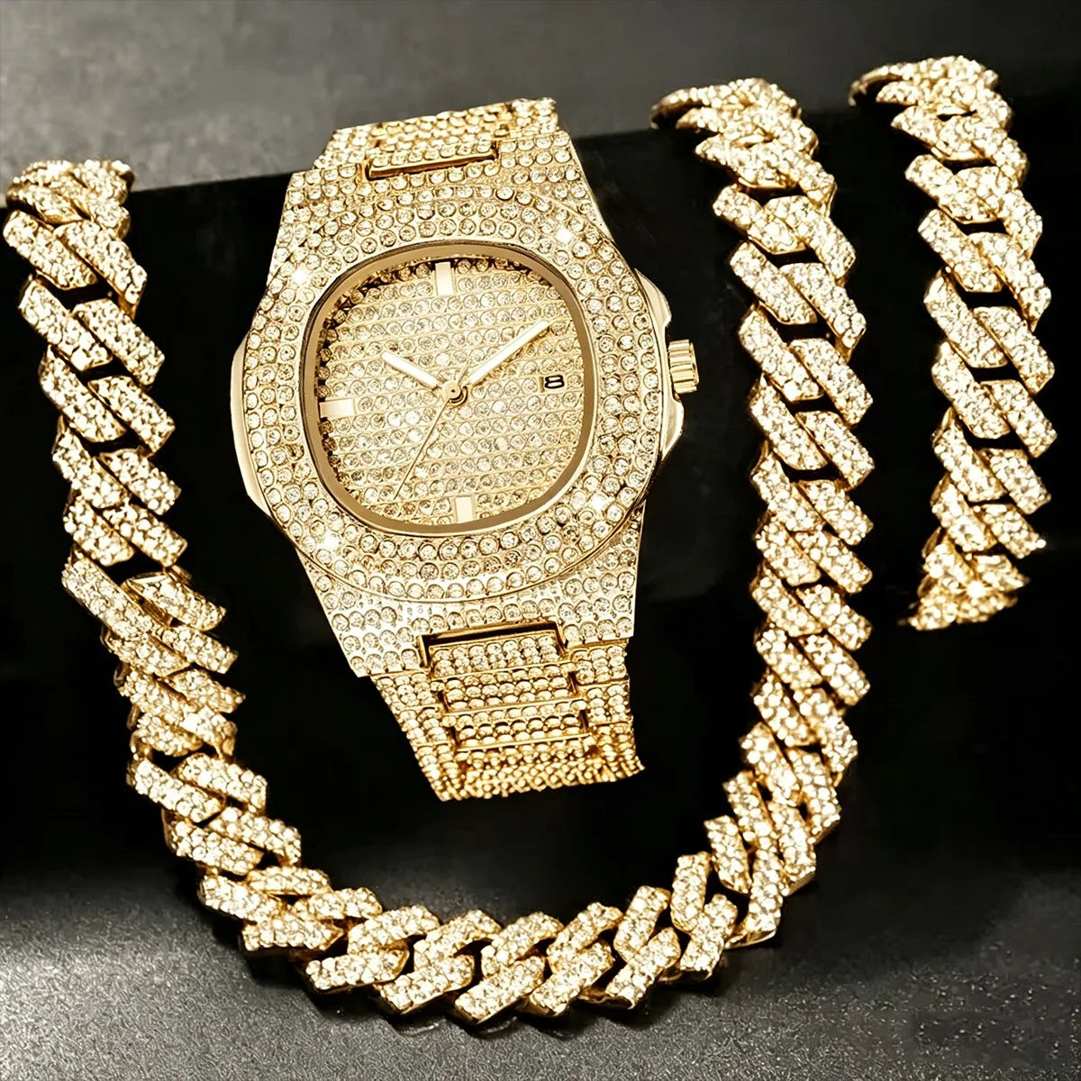 3PCS Luxury Rhinestone Men Watch Cuban Chain Jewelry Set Hip Pop Square Quartz Watches Accessories Gift Relogio Masculino