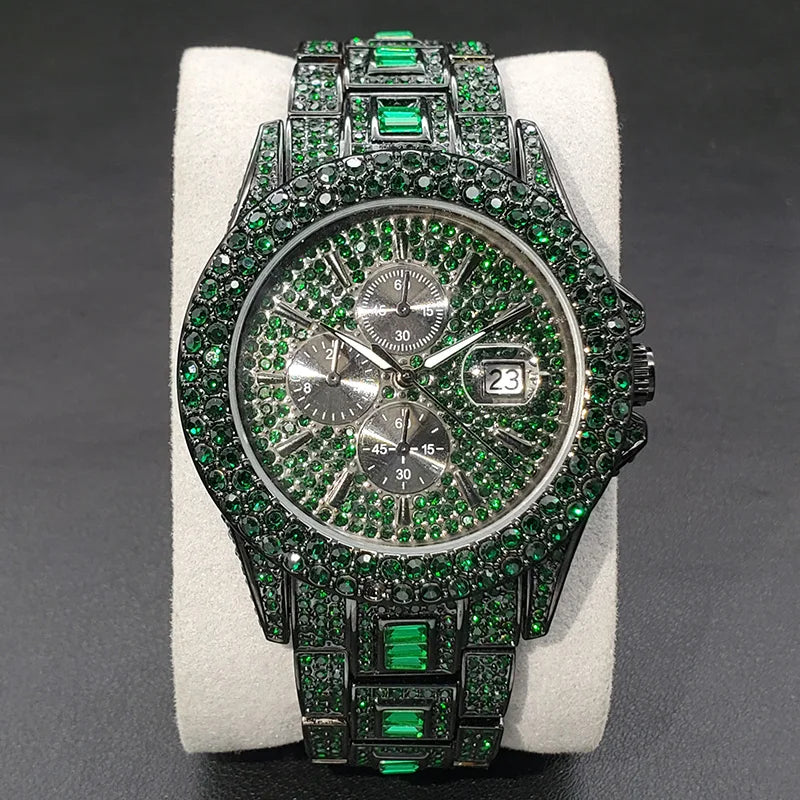 New Green Diamond Watch For Men Luxury Hip Hop Diamond Watches Unique Bling Ice Out Luminous Waterproof Clock Relogios Masculino