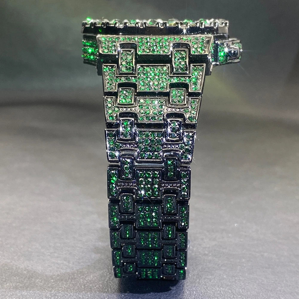 MISSFOX Hip Hop Wristwatch For Men Luxury Ice Out Full Diamond Watches Fashion Green Watch Waterproof Week Display Clock 2025