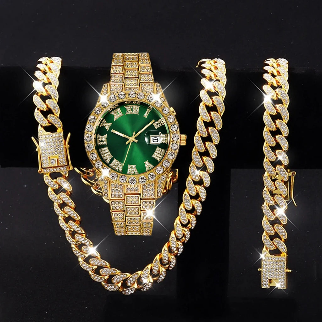 3PCS Luxury Diamond Men Quartz Watch Hip-pop Jewelry Set Fashion Roma Stainless Steel Strap Watches Reloj Hombre（Without Box）