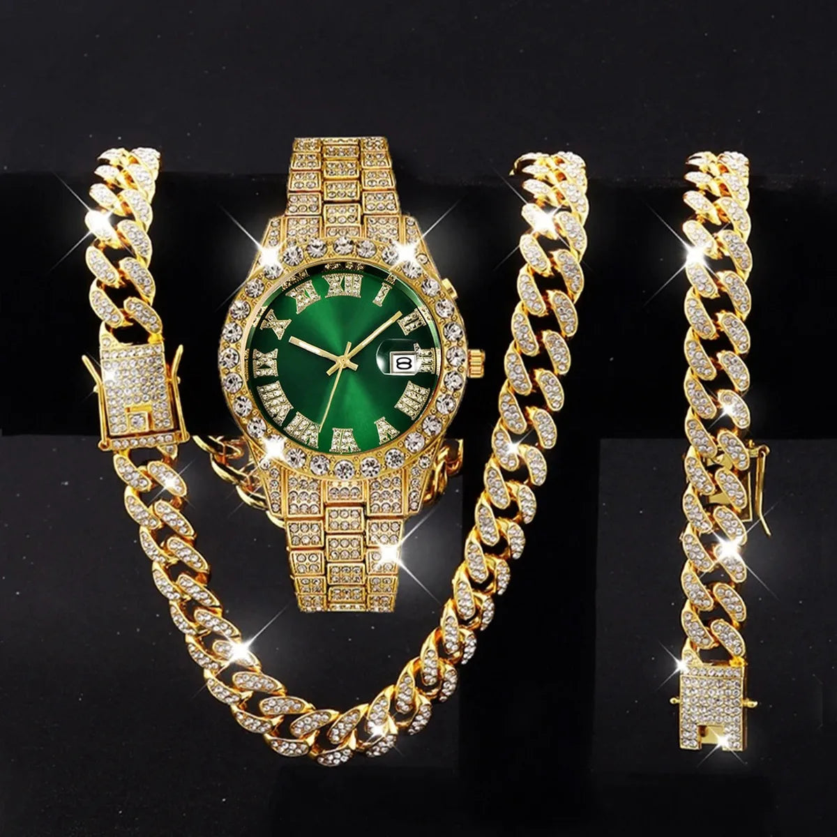 3PCS Luxury Diamond Men Quartz Watch Hip-pop Jewelry Set Fashion Roma Stainless Steel Strap Watches Reloj Hombre（Without Box）