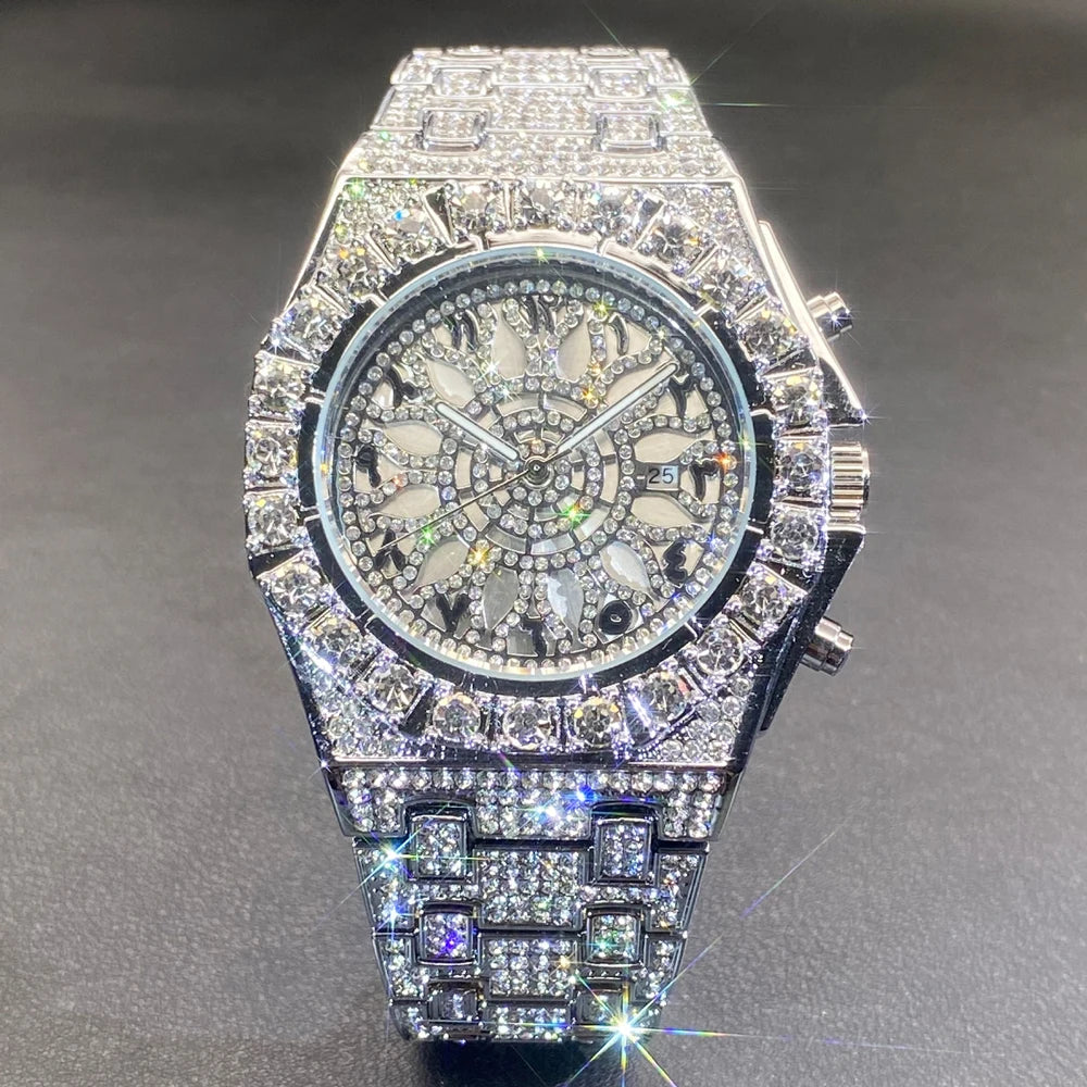 MISSFOX Hip Hop Wristwatch For Men Luxury Ice Out Full Diamond Watches Fashion Green Watch Waterproof Week Display Clock 2025
