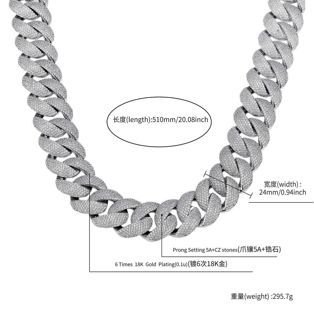 TOPGRILLZ 24mm Cuban Chain Necklace Full CZ Iced Out Wide Heavy Duty Box Clasp Silver Plated Copper Hip Hop Jewelry Men Women