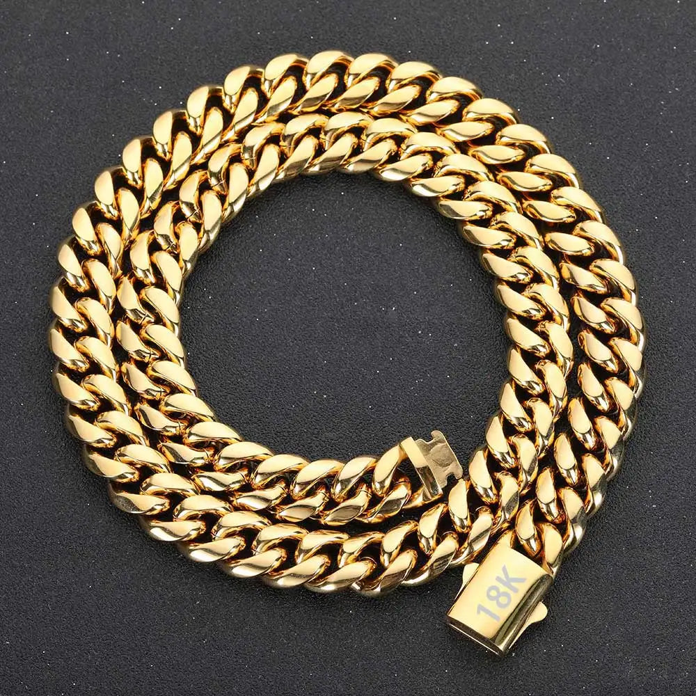 High Quality Width 8-14mm Stainless Steel Gold Color Cuban Chain Waterproof Men Woman Curb Link Necklace Various Sizes