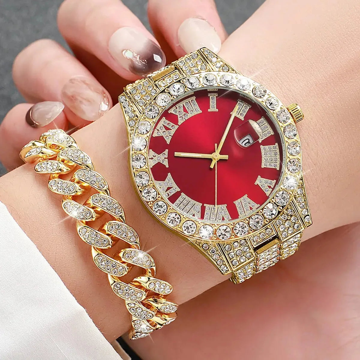3PCS Luxury Diamond Men Quartz Watch Hip-pop Jewelry Set Fashion Roma Stainless Steel Strap Watches Reloj Hombre（Without Box）