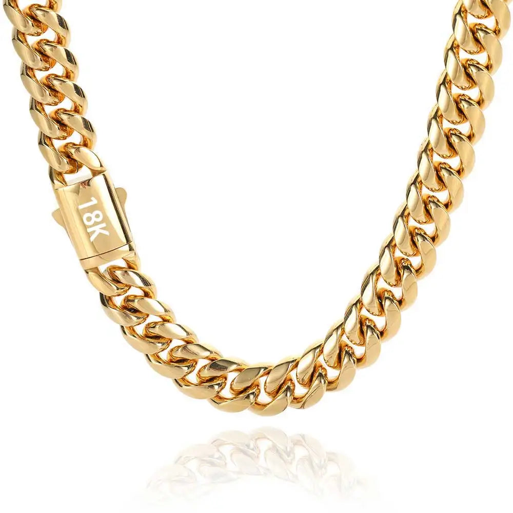 High Quality Width 8-14mm Stainless Steel Gold Color Cuban Chain Waterproof Men Woman Curb Link Necklace Various Sizes