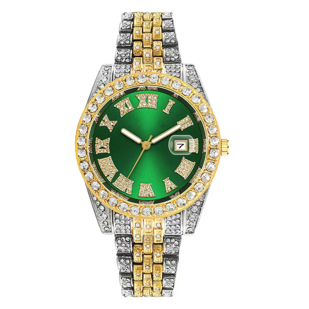 Luxury Hip Hop Stainless Steel Gold Color Calendar Watch For Men Iced Out Paved Rhinestones Men Watch Reloj Hombre