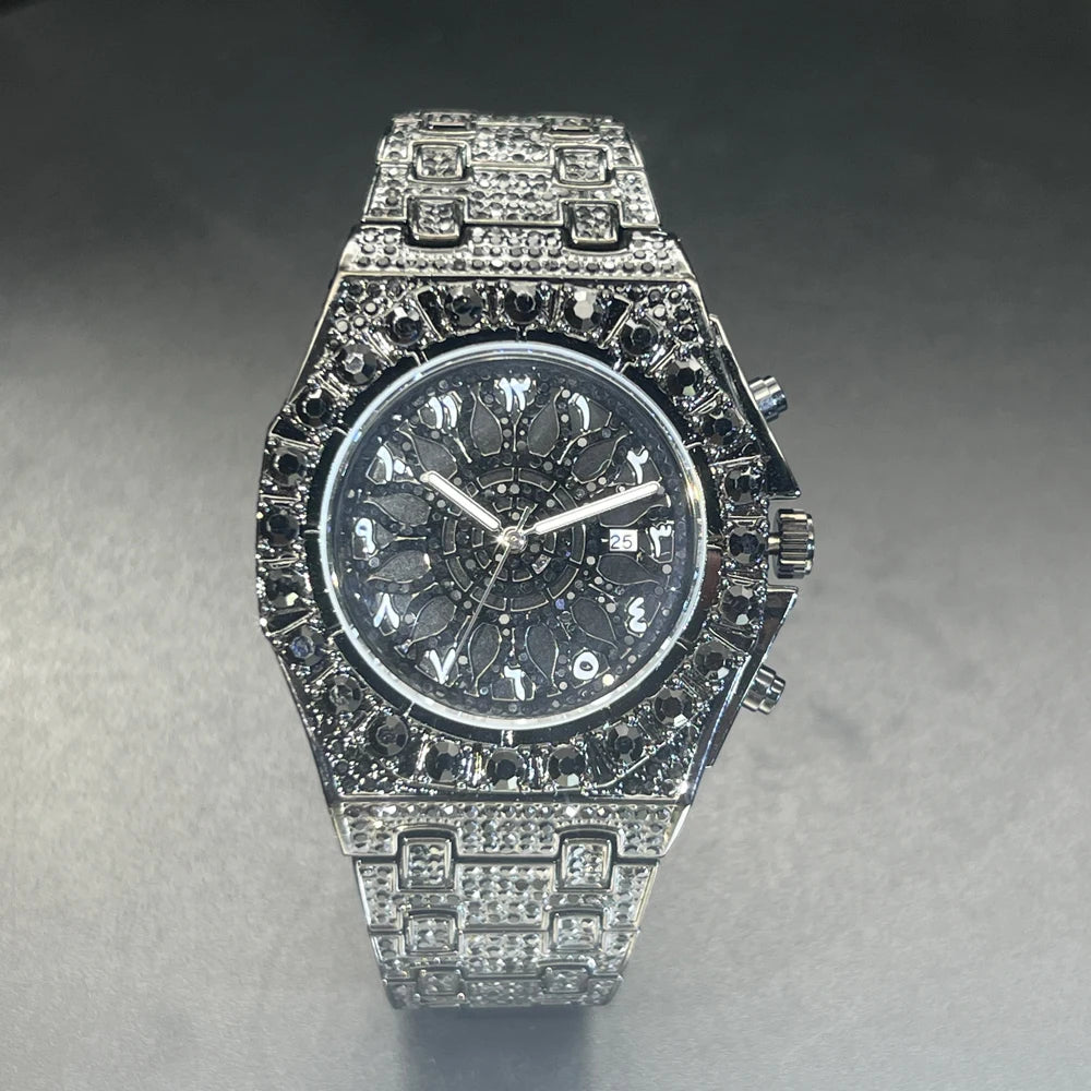 MISSFOX Hip Hop Wristwatch For Men Luxury Ice Out Full Diamond Watches Fashion Green Watch Waterproof Week Display Clock 2025