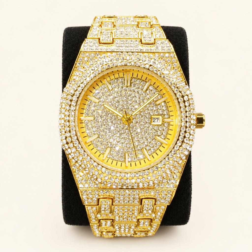 Gold watch with diamond-studded face on a dark background