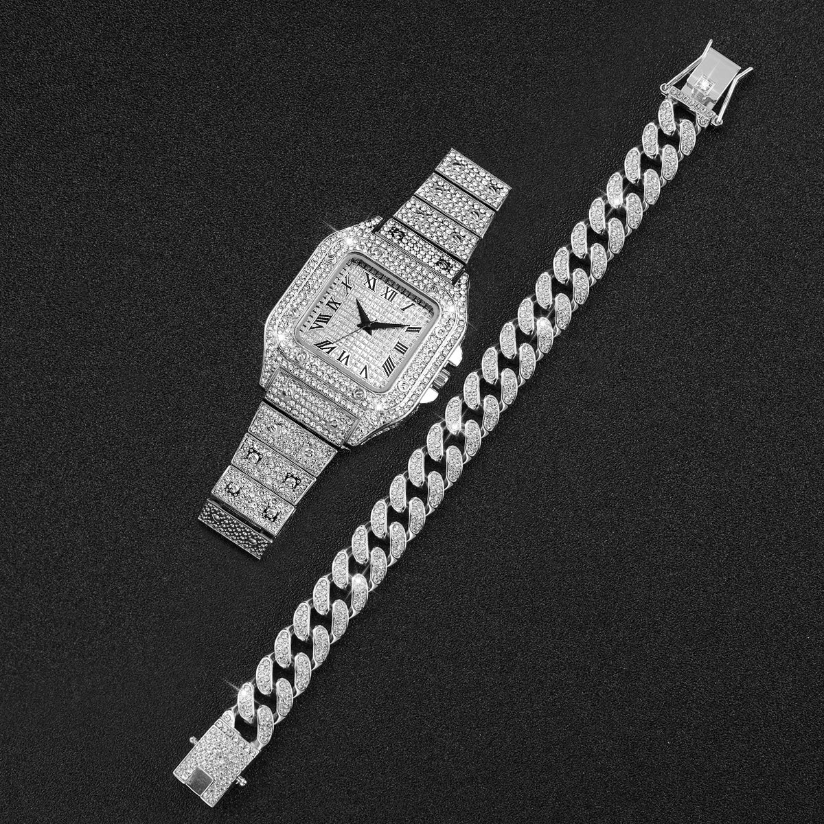 2PCS Iced Out Square Watch & Cuban Link Bracelet Set - Luxury Bling Diamond Quartz Wristwatch Hip Hop Jewelry for Men