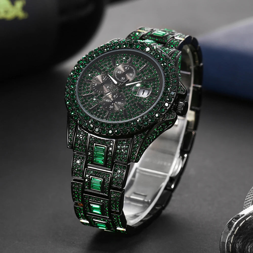 New Green Diamond Watch For Men Luxury Hip Hop Diamond Watches Unique Bling Ice Out Luminous Waterproof Clock Relogios Masculino