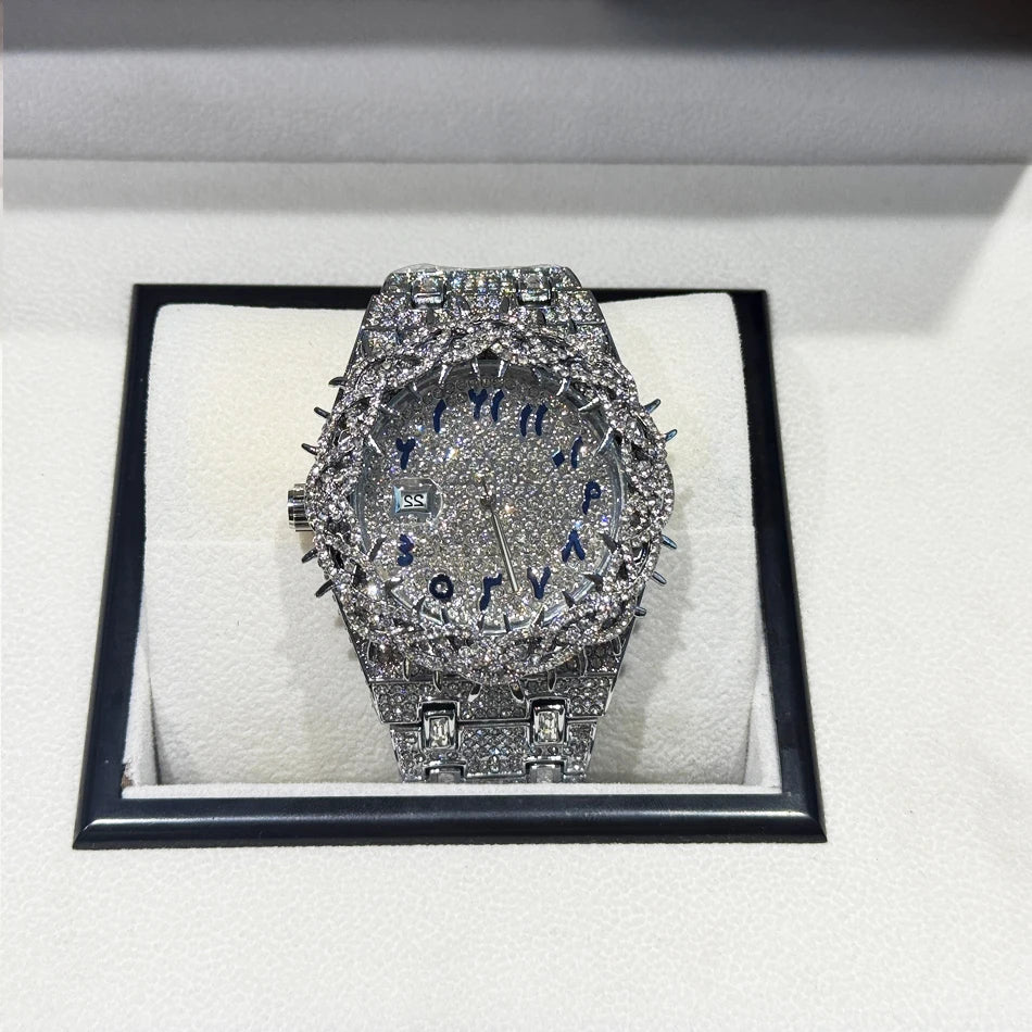 Thorn Spike Watch Men Iced Out Rhinestone Quartz Wristwatch Reloj Hombre Punk Gothic Stainless Steel Waterproof for Party
