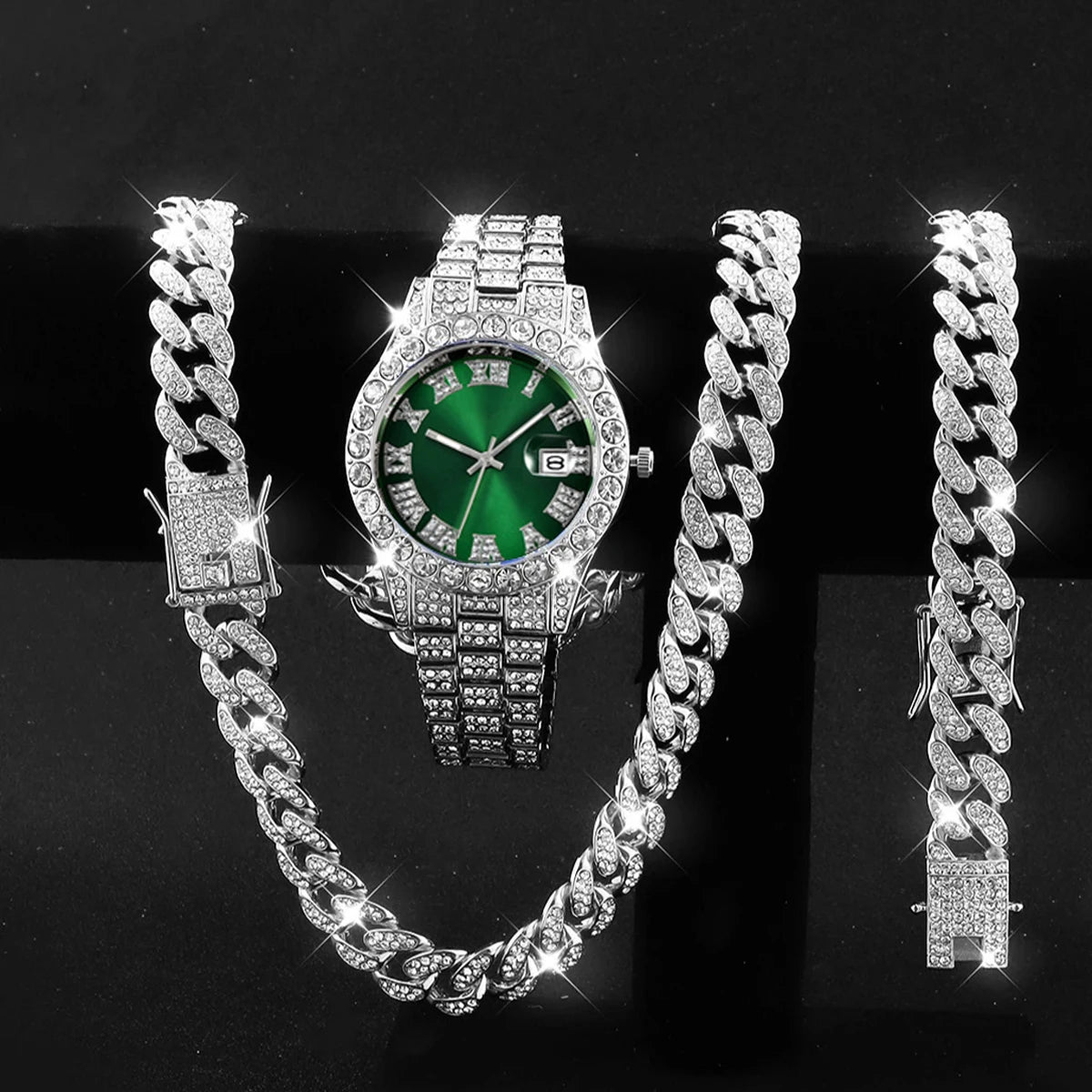 3PCS Luxury Diamond Men Quartz Watch Hip-pop Jewelry Set Fashion Roma Stainless Steel Strap Watches Reloj Hombre（Without Box）